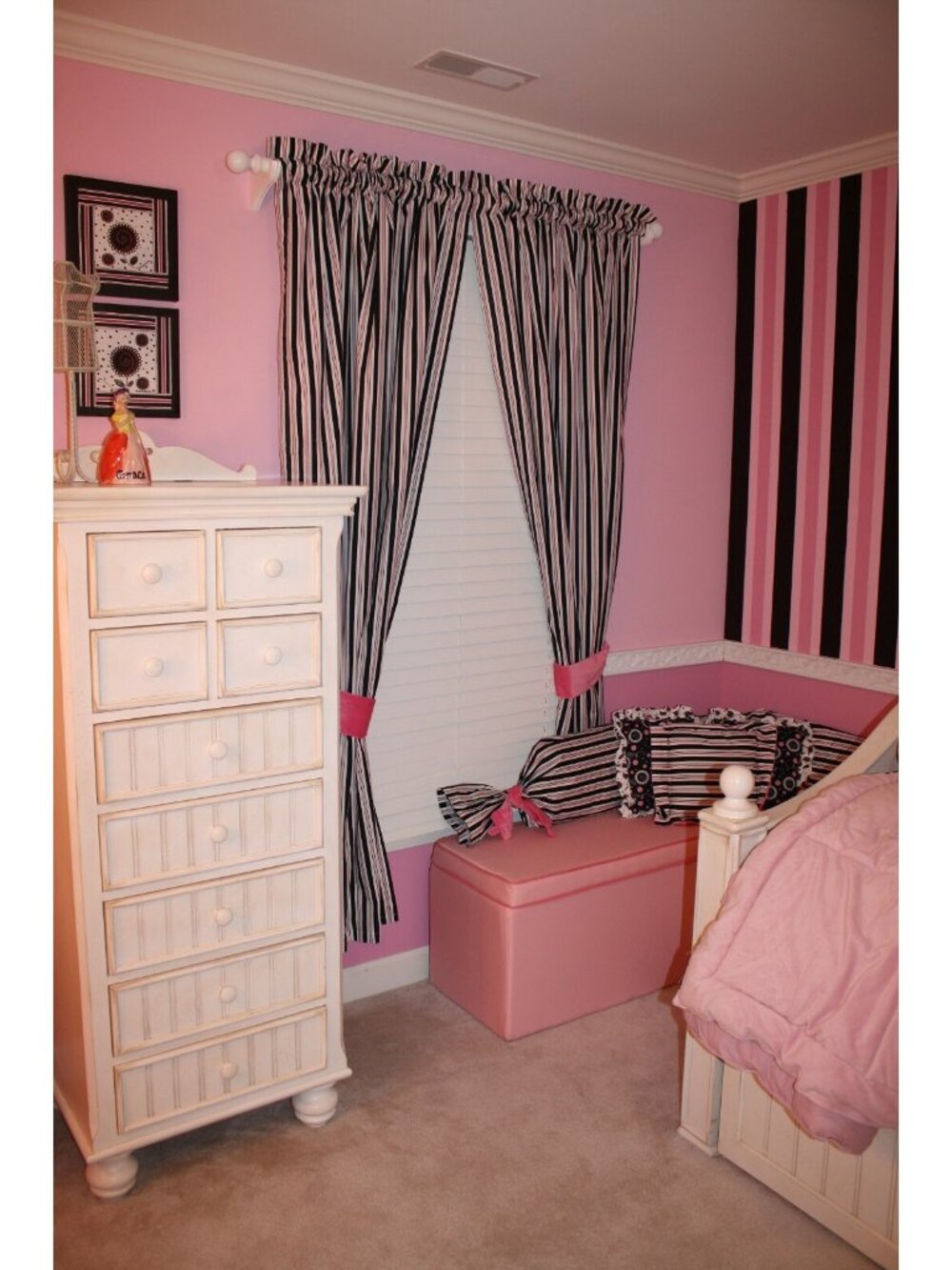 New Kathy Ireland Home Madison Girl Pink Black Stripes Window Curtain Panel Set
